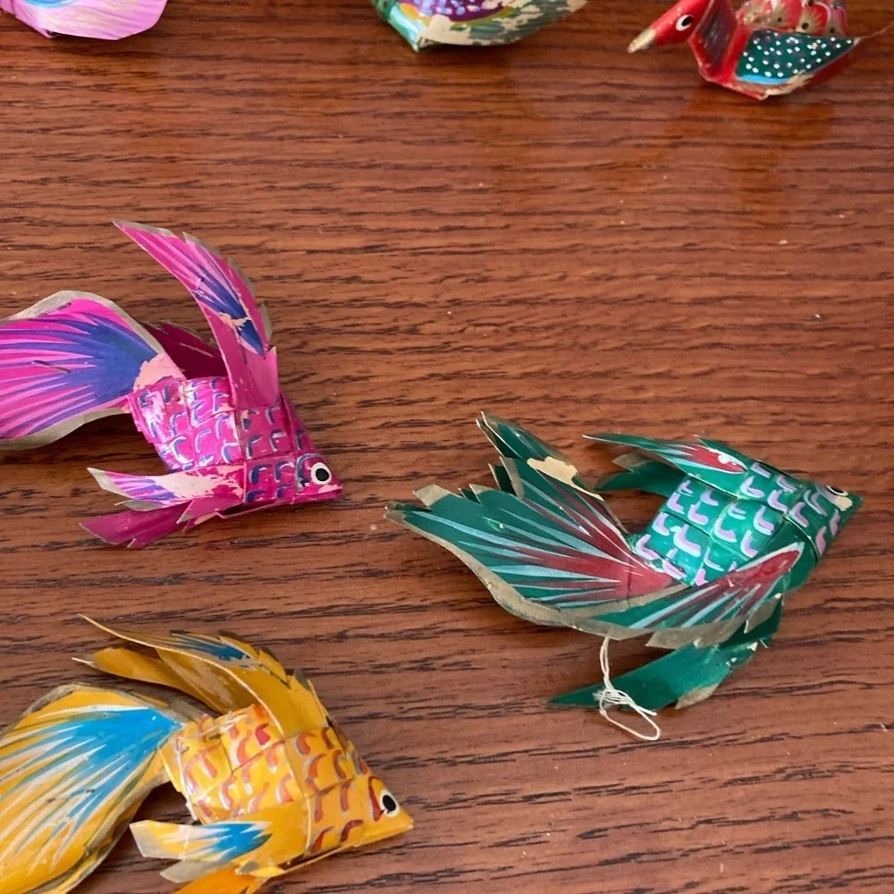 Hanging birds and fish Vintage Oragami painted missing some paint